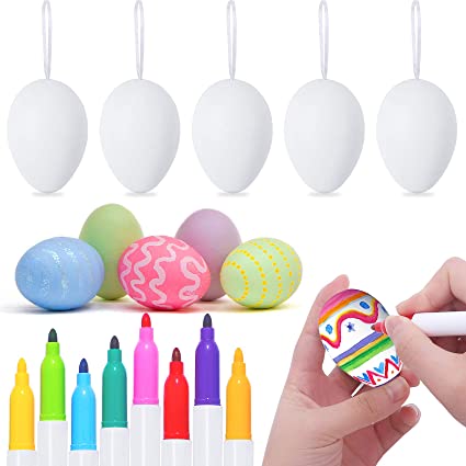 Photo 1 of 20pcs Easter Egg Decorating Kit White Plastic Easter Eggs with 8 Markers DIY Creative Hanging Painting Eggs Easter Decorations Easter Toys Suprise Gifts for Kids Toddlers
