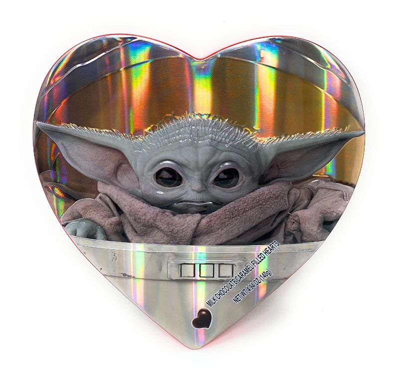 Photo 1 of **BEST BUY DATE:08/10/2023**NON REFUNDABLE**Star Wars Mandalorian "The Child" Milk Chocolate Caramel Filled Heart Valentines Day Gift Tin - 1 count
