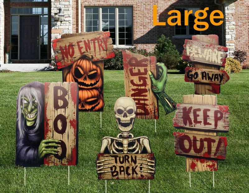 Photo 1 of  Yard Signs for Halloween Props Decorations Outdoor | 6 Pack Track-or-Treat Corrugate Yard Stake Signs | Large Friendly Halloween Yard/Lawn Decorations | Warning Yard Sign Stakes (Style 1)