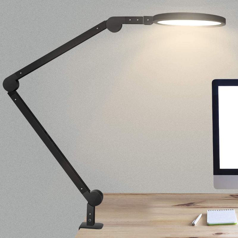 Photo 1 of Niulight LED Desk Lamp with Clamp, 12W Eye Caring Swing Arm Lamps, Dimmable, 6 Color Modes Modern Architect Table Light with Memory, Timer Function for Study, Reading, Work, Task, Office
