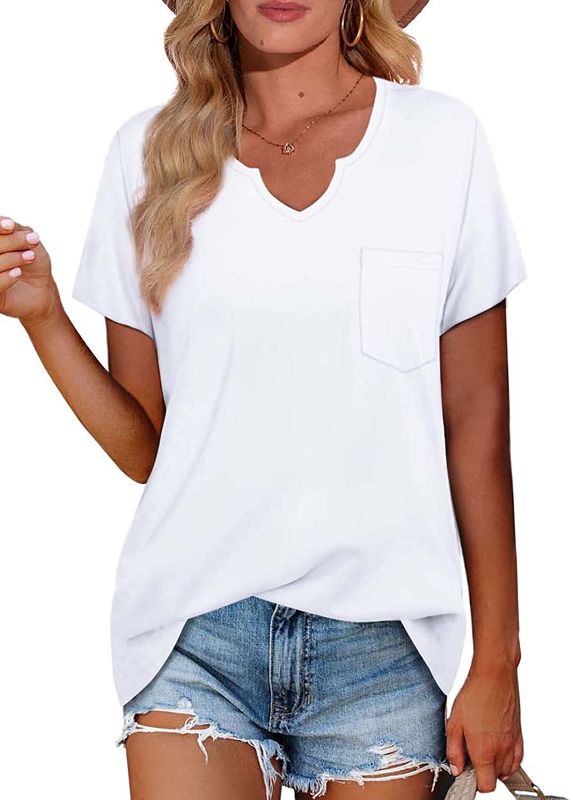 Photo 1 of NIASHOT Womens Summer Tees in White with Front Pocket Plain Simple V-Neck T-Shirt Tops L
