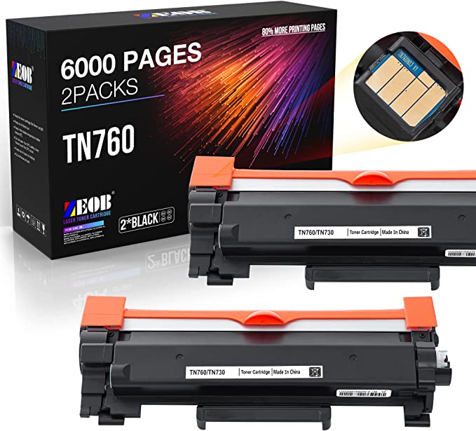 Photo 1 of ZEOB TN760 6000 Pages 2 Packs Toner Cartridge Replacement with Chip for Brother TN-730 TN-760 Black High Yield for DCP-L2550DW HLL2395DW MFCL2710DW MFC-L2750DW Printer
