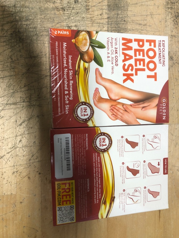 Photo 2 of ** EXP: 01/12/2023  ***    *** NON-REFFUNDABLE***  **** SOLD AS IS***  *** SETS OF 2**
24K Gold Foot Peel Mask - Argan Oil, Aloe Vera, Vitamin A & E Exfoliating Masks - Baby Soft Peeling Socks - for Dead Skin & Dry Feet - Cracked Heels & Rough Calluses Re