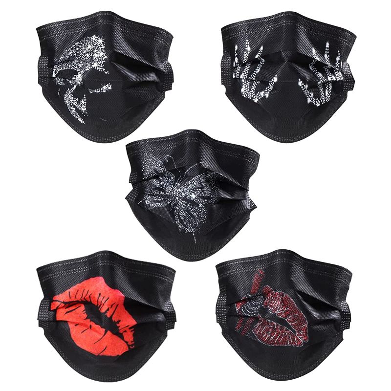 Photo 1 of Disposable Face Masks - 100Pcs, Black Masks with Designs, Skull and Bones Prints Women Face Masks, Red Lips Disposable Masks for Women - 2 PACK
