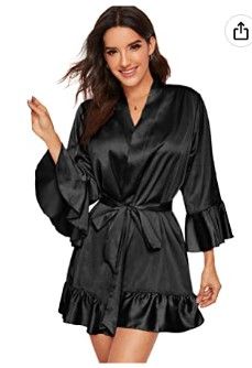 Photo 1 of Floerns Women's Ruffle Hem Belted Satin Kimono Bridesmaids Robe - XL
