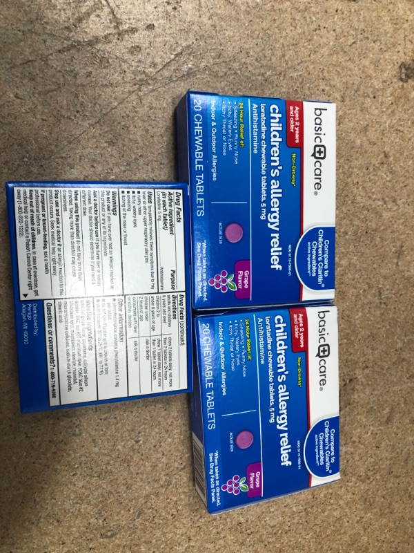 Photo 3 of ** EXP: 07/2022**  ** NON-REFUNDABLE**  ** SOLD AS IS**  ** SETS OF 3**  
Amazon Basic Care Children's Allergy Relief, Loratadine Chewable Tablets, 5 mg, Grape Flavored, 20 Count
