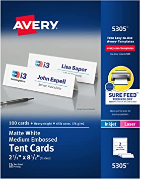 Photo 1 of AVERY Printable Tent Cards, Laser & Inkjet Printers, 100 Cards, 2.5 x 8.5 (5305), White (05305)
