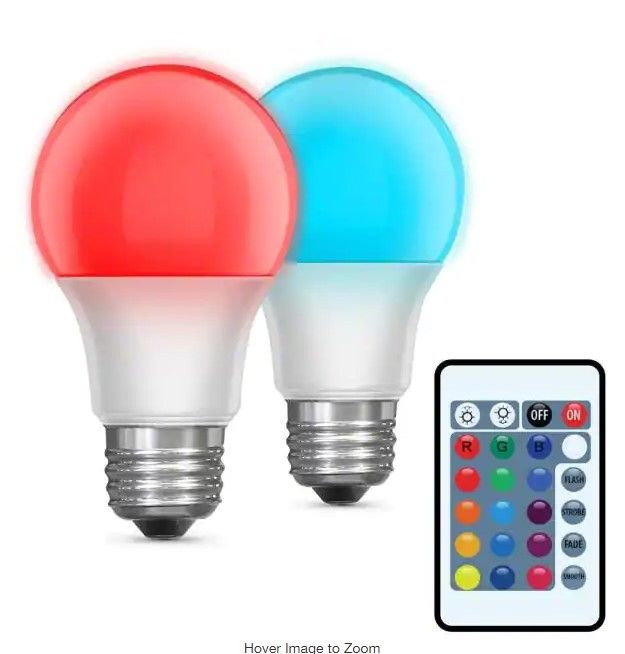 Photo 1 of 2 BOXES OF Feit Electric 5-Watt Equivalent A19 Medium E26 Base Color Changing Party Bulb Party LED Light Bulb with Remote (2-Pack)