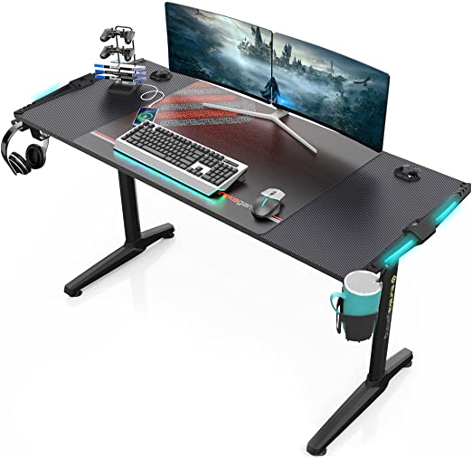 Photo 1 of EUREKA ERGONOMIC 55 Inch Gaming Desk,I Shaped PC Gaming Computer Desk With RGB led Lights,large Gamer Table Workstation,Free Mouse Pad,USB Ports Controller Stand,Cup Holder and Headphone Hook,Black
