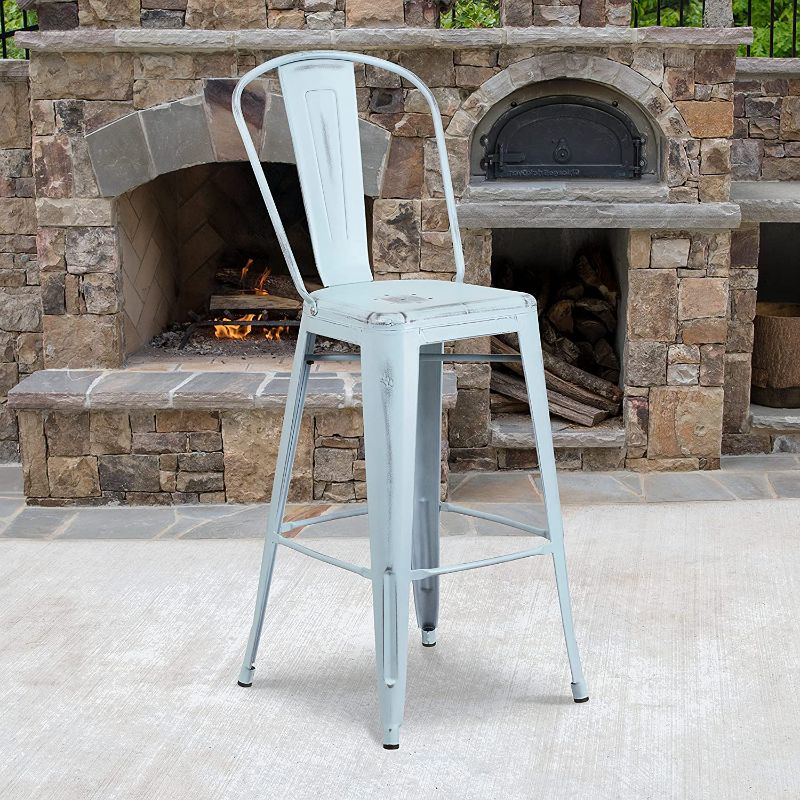 Photo 1 of 2 PACK
Flash Furniture Commercial Grade 30" High Distressed Green-Blue Metal Indoor-Outdoor Barstool with Back
