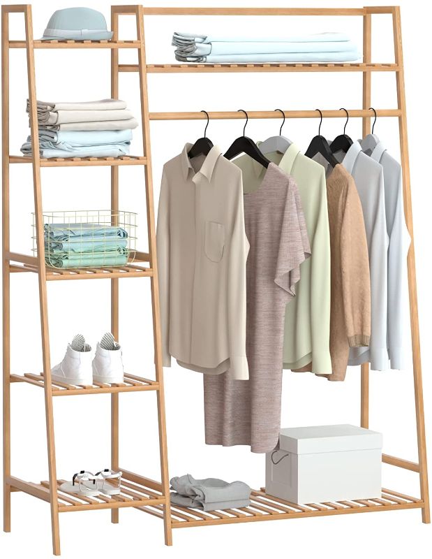 Photo 1 of 43.5" Bamboo Clothing Garment Rack Free Standing Clothes Coat Hanger Rolling Closet Organizer Shoe Rack Wardrobe Storage Hall Tree Entryway Living Bedroom Office Storage Shelves Clothes Hanging Rack
