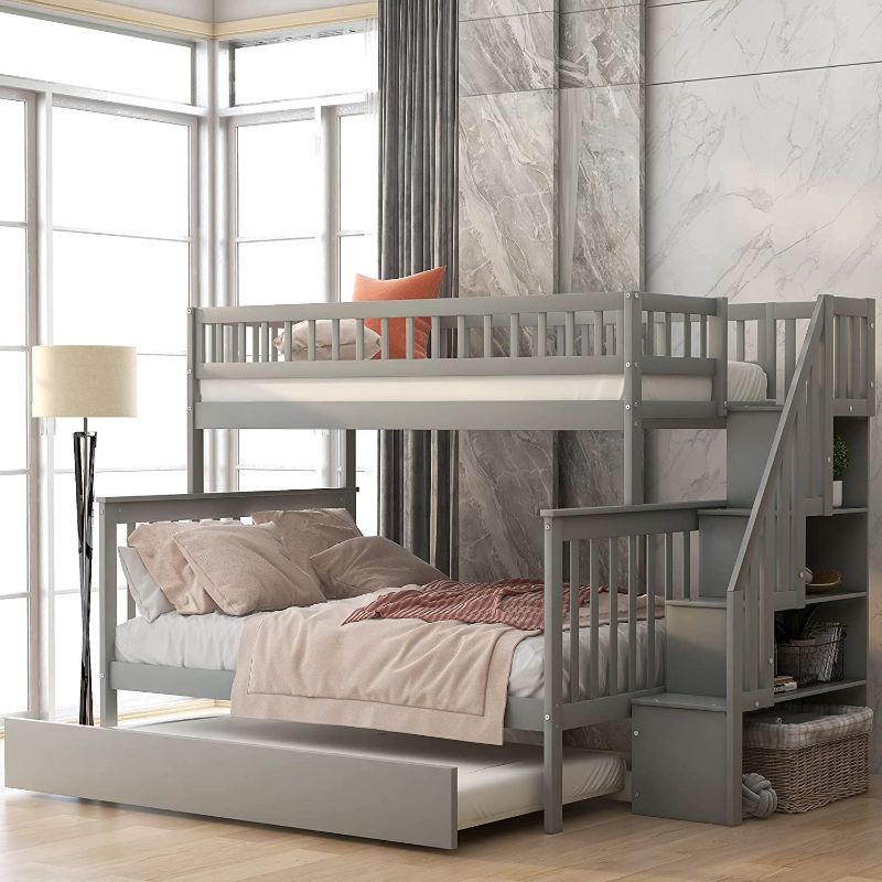 Photo 1 of ***INCOMPLETE BOX 3 OF 3***
Bunk Bed with Trundle, Twin Over Full Bed Frame with Stairway Storage Shelves and Full-Length Guardrails for Kids Teens Girls Boys, Bedroom,No Boxspring Required (Grey)
