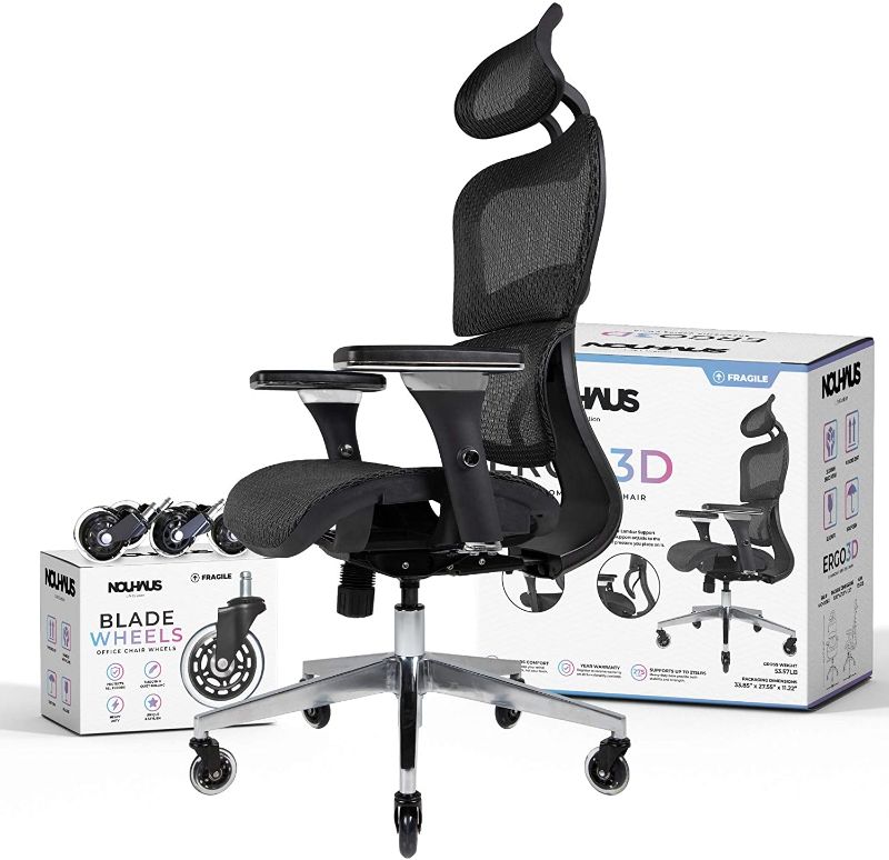 Photo 1 of **MISSING PARTS** NOUHAUS Ergo3D Ergonomic Office Chair - Rolling Desk Chair with 4D Adjustable Armrest, 3D Lumbar Support and Blade Wheels - Mesh Computer Chair, Office Chairs, Executive Swivel Chair (Black)
