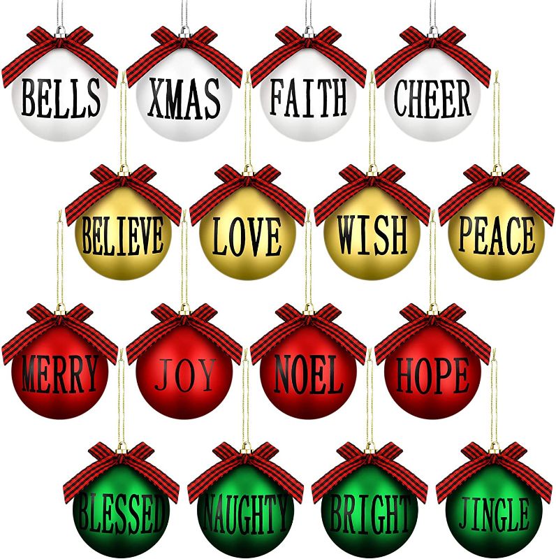 Photo 3 of 16 Pieces Christmas Ball Hanging Ornament Buffalo Plaid Xmas Tree Ornaments Matte Christmas Word Hanging Decoration with Bows for Farmhouse Party Supply (Black Red Plaid, White and Green Ball, 3 Inch) 