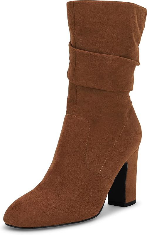 Photo 4 of Coutgo Women's Mid Calf Slouchy Boots Suede High Heel Zip Stacked Chunky Block Round Toe Booties