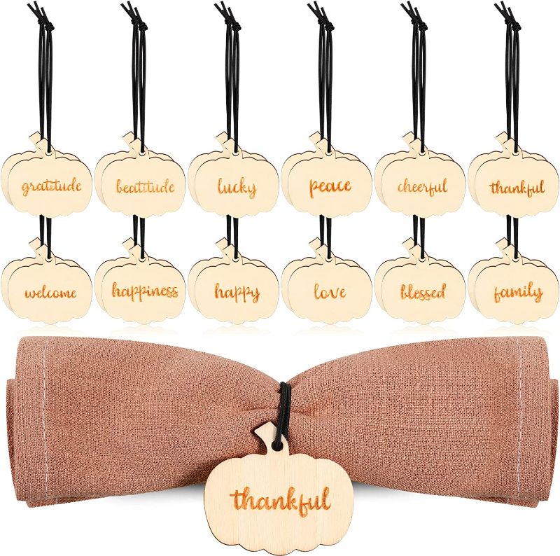 Photo 1 of 24 Pcs Fall Time Napkin Ring Holders Pumpkin Thanksgiving Wooden Napkin Rings Gratitude Farmhouse Napkin Rings with Engraved Thanksgiving Serviette Buckle for Thanksgiving Wedding Dinner Holiday Decor (PACK/BUNDLE OF 7)