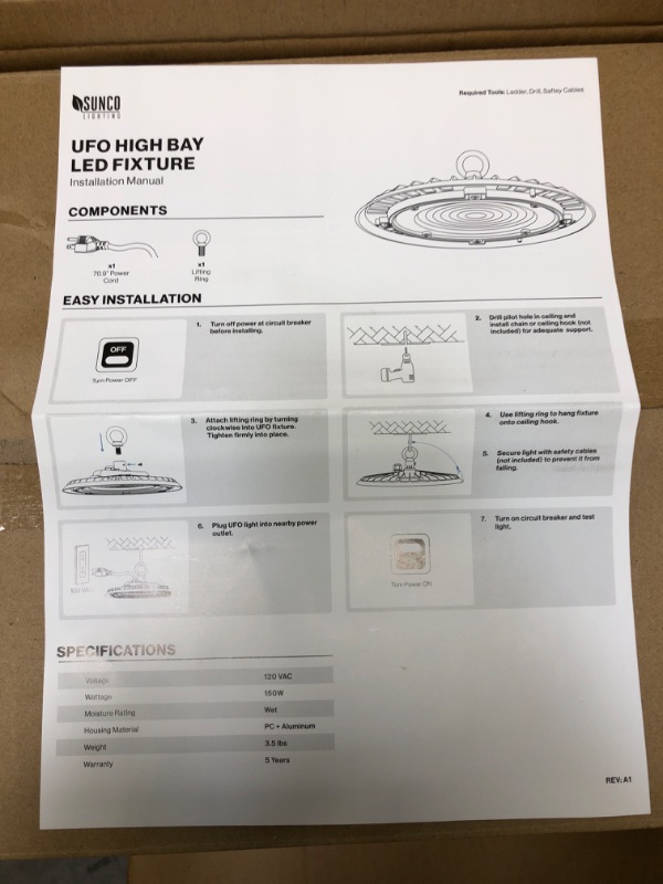 Photo 4 of Sunco Lighting UFO LED High Bay Light, Lighting for Warehouse, 5000K Daylight, 150W, Power Cord Included, 19500 LM, 120VAC, IP65 Waterproof Shatterproof Fixture, UL 6 Pack 6 Count (Pack of 1)