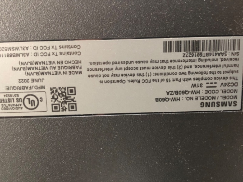 Photo 5 of **DOES NOT FUNCTION, INCOMPLETE**SAMSUNG HW-Q60B 3.1ch Soundbar w/ Dolby Atmos, DTX Virtual:X Q Symphony, Adaptive Sound, Game Mode, Bluetooth Connection, 2022
**DOES NOT POWER ON, MISSING REMOTE**