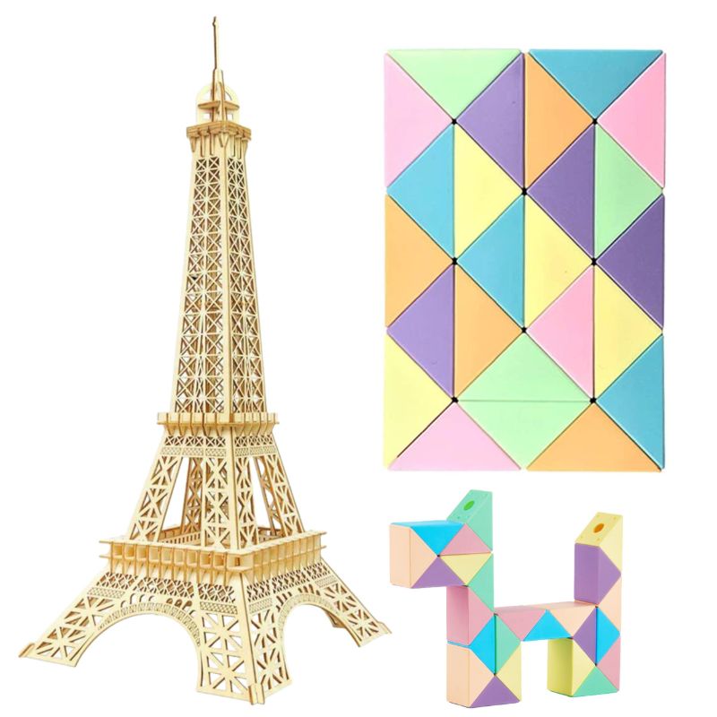 Photo 2 of 3D Wooden Puzzle for Adults, Eiffel Tower Models for Adults to Build, Mechanical Brain Teaser Games, Educational DIY Puzzle Toys Activity - Best Adult Gifts Bundle with Snake Cube Puzzle