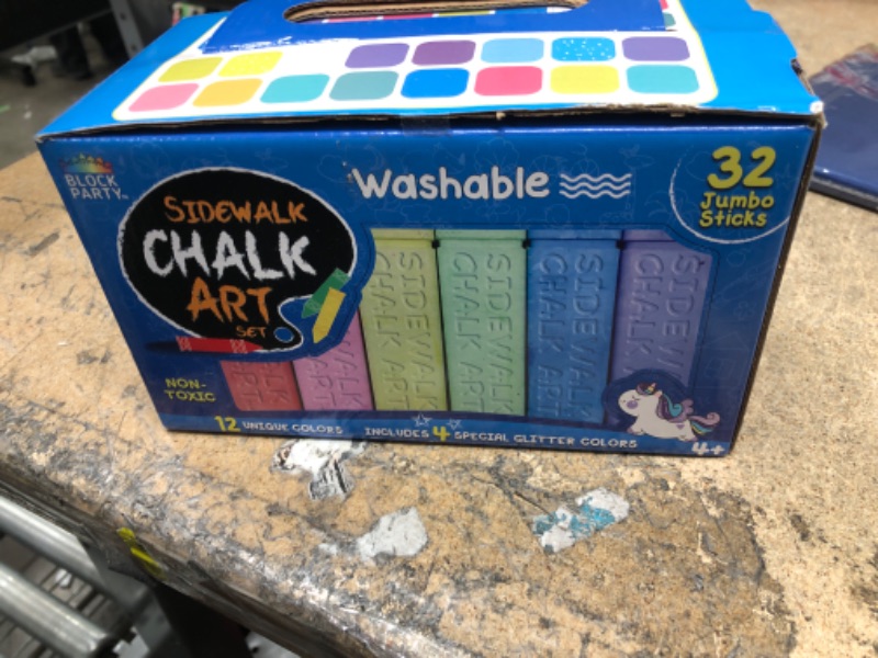 Photo 2 of Block Party Sidewalk Chalk 32-Piece Art Set - BIG BOLD Colors Includes 4 Glitter Chalk That Sparkle, Square Non-Roll Kids Chalk, Washable