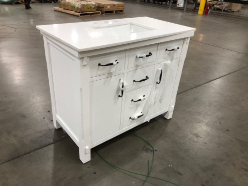 Photo 8 of (CRACKED MARBLE&DAMAGED BASE)
Home Decorators Collection Bellington 42 in. W Bath Vanity in White with Engineered Stone Vanity Top in White with White Basin