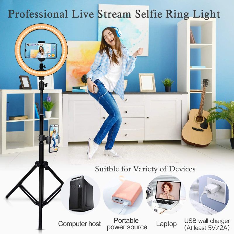 Photo 1 of 10" Selfie Ring Light with Adjustable Tripod Stand, 3 Modes 10 Brightness Levels