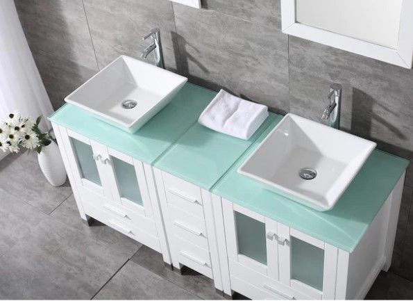Photo 1 of (CLEAR ROUND SINKS, NOT WHITE AS SEEN IN STOCK PIC)
WONLINE  60-in White Double Sink Bathroom Vanity with White Wood Top (Mirror and Faucet Included)
