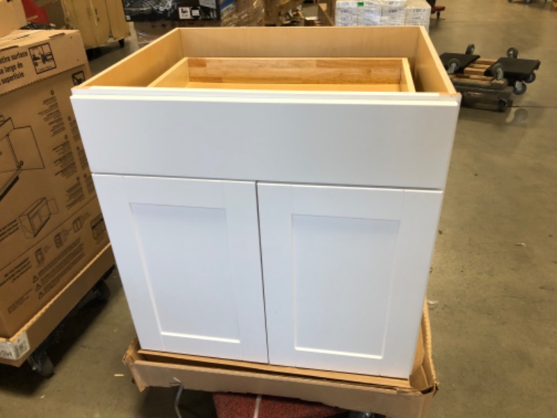Photo 4 of (MAJOR BASE/FRAME DAMAGE)
Hampton Bay Shaker Satin White Stock Assembled Base Kitchen Cabinet with Ball-Bearing Drawer Glides (30 in. x 34.5 in. x 24 in.)