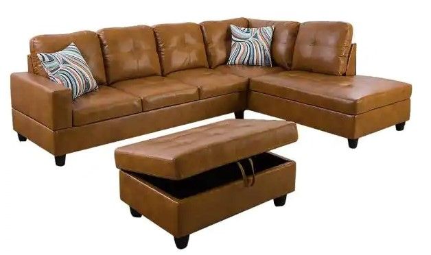 Photo 1 of (MAJOR FRAME/MATERIAL DAMAGES TO BOTH SECTIONALS; Living-3-Piece-Brown-Faux Leather-6 Seats-L-Shaped-Right Facing-Sectionals
