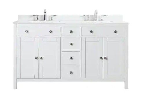 Photo 1 of (PUNCTURED BACK WALL)
Home Decorators Collection Austen 60 in. W x 22 in. D Bath Vanity in White with Cultured Marble Vanity Top in Yves White with White Sinks