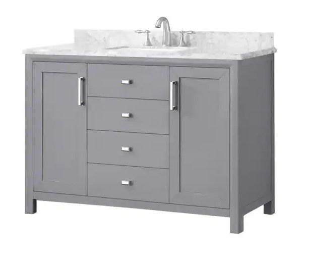 Photo 1 of (CHIPPED MARBLE)
Home Decorators Collection Rockleigh 48 in. W x 22 in. D Bath Vanity in Pebble Grey with Marble Vanity Top in Carrara White with White Basin