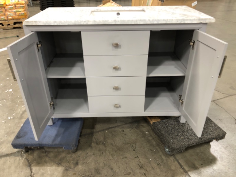 Photo 6 of (CHIPPED MARBLE)
Home Decorators Collection Rockleigh 48 in. W x 22 in. D Bath Vanity in Pebble Grey with Marble Vanity Top in Carrara White with White Basin