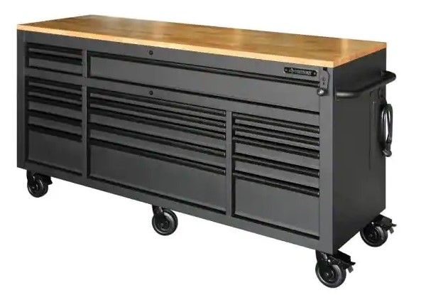 Photo 1 of (MAJOR DENT DAMAGE; MAJOR WOOD CRACK/DAMAGES; UNABLE TO OPEN DOOR)
Husky 72 in. W x 24 in. D Heavy Duty 18-Drawer Mobile Workbench Tool Chest with Adjustable-Height Hardwood Top in Matte Black