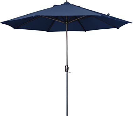 Photo 1 of California Umbrella 9' Round Aluminum Market Umbrella, Crank Lift, Auto Tilt, Bronze Pole, Navy Blue Olefin
