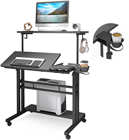 Photo 1 of Panta Mobile Standing Desk, Adjustable Rolling Computer Desk with 3 Desktops, Portable Laptop Table with Desk Cup Holder, Home Office Laptop Workstation on Lockable Wheels, Black
