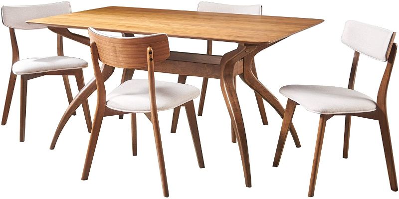 Photo 1 of ****TABLE TOP ONLY *** Christopher Knight Home Nissie Mid-Century Wood Dining Set with Fabric Chairs, 5-Pcs Set, Natural Walnut Finish / Light Beige
