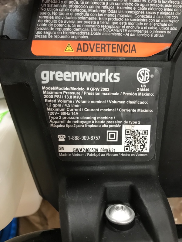 Photo 4 of Greenworks 2000 PSI 1.2 GPM Pressure Washer (Open Frame GPW2003) GPW2003
