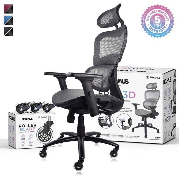 Photo 1 of NOUHAUS Ergo3D Ergonomic Office Chair - Rolling Desk Chair with 3D Adjustable Armrest, 3D Lumbar Support and Extra Blade Wheels, Mesh Computer Chair, Gaming Chairs, Executive Swivel Chair (Grey)
