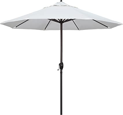 Photo 1 of California Umbrella 9' Round Aluminum Market Umbrella, Crank Lift, Auto Tilt, Bronze Pole, White Olefin
