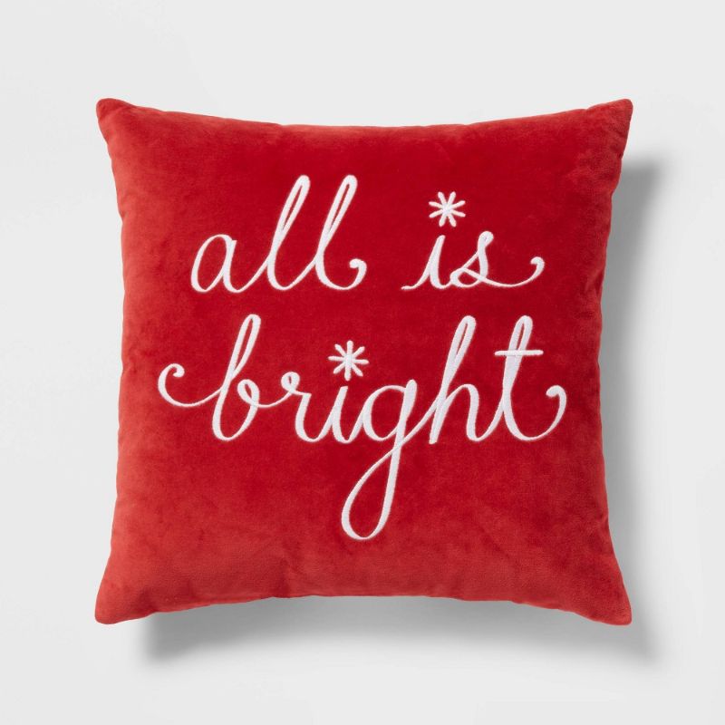 Photo 1 of All Is Bright' Velvet Embroidered Square Christmas Throw Pillow Red - Threshold™
