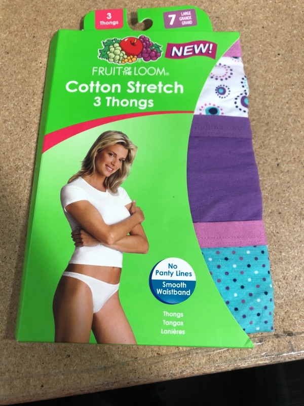 Photo 1 of SIZE 7 LARGE Fruit of the Loom Women 's 3-Pack Cotton Stretch Thongs DCTH001 (7) Assorted Solids and Prints
