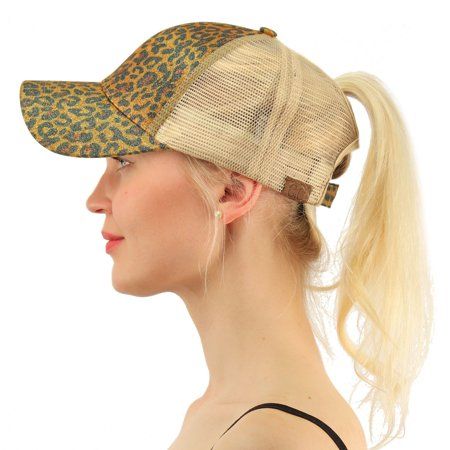 Photo 1 of C.C Ponytail Messy Buns Trucker Ponycaps Plain Baseball Visor Cap Dad Hat (Leopard Glitter Brown/Beige)
