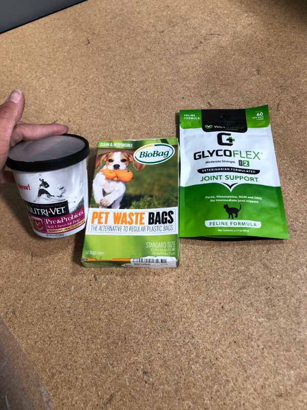 Photo 1 of ***SOLD AS A BUNDLE**NOT REFUNDABLE***
Bundle of dog products. 
-Nutri-Vet Pre and Probiotic Soft Chews for Dogs
-BioBag Dog Waste Bags, 50 ct
-VetriScience Laboratories 60 Bite Sized Chews