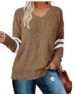 Photo 1 of Cnkwei Womens Long Sleeve Knitted Fuzzy Sweaters V-Neck Casual Jumper Pullover Tops Size XX-Large 
