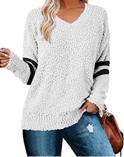 Photo 1 of Cnkwei Womens Long Sleeve Knitted Fuzzy Sweaters V-Neck Casual Jumper Pullover Tops Size Small 
