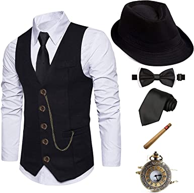 Photo 1 of 1920s Mens Costume Fedora Hat,Gatsby Gangster Vest,Vintage Pocket Watch,Pre Tied Bow Tie,Tie- SIZE LARGE 