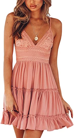 Photo 1 of ECOWISH Womens V-Neck Spaghetti Strap Bowknot Backless Sleeveless Lace Mini Swing Skater Dress
small