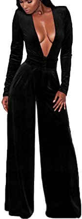 Photo 1 of Women's Sexy Deep V-Neck High-Waist Velvet Jumpsuits One Piece Long Sleevess Loose Pants Juniors Outfits (XXL)
