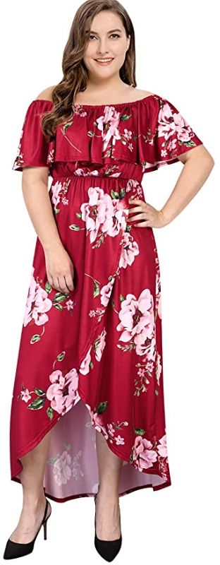 Photo 1 of AMZ PLUS Women Plus Size Off Shoulder Maxi Dress Flower Printed Ruffle Side Split Casual Beach Boho Party Dresses
