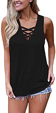 Photo 1 of Chvity Women's Criss Cross Casual Cami Shirt Sleeveless Tank Top Basic Lace up Blouse (XL)
